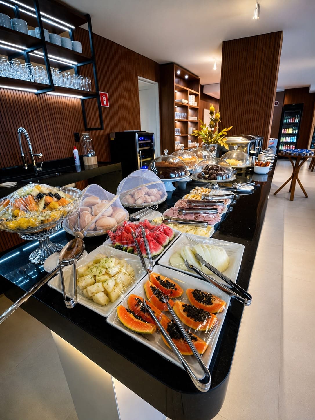 Mesa de café da manhã do Liz Hotel com frutas, pães e queijos